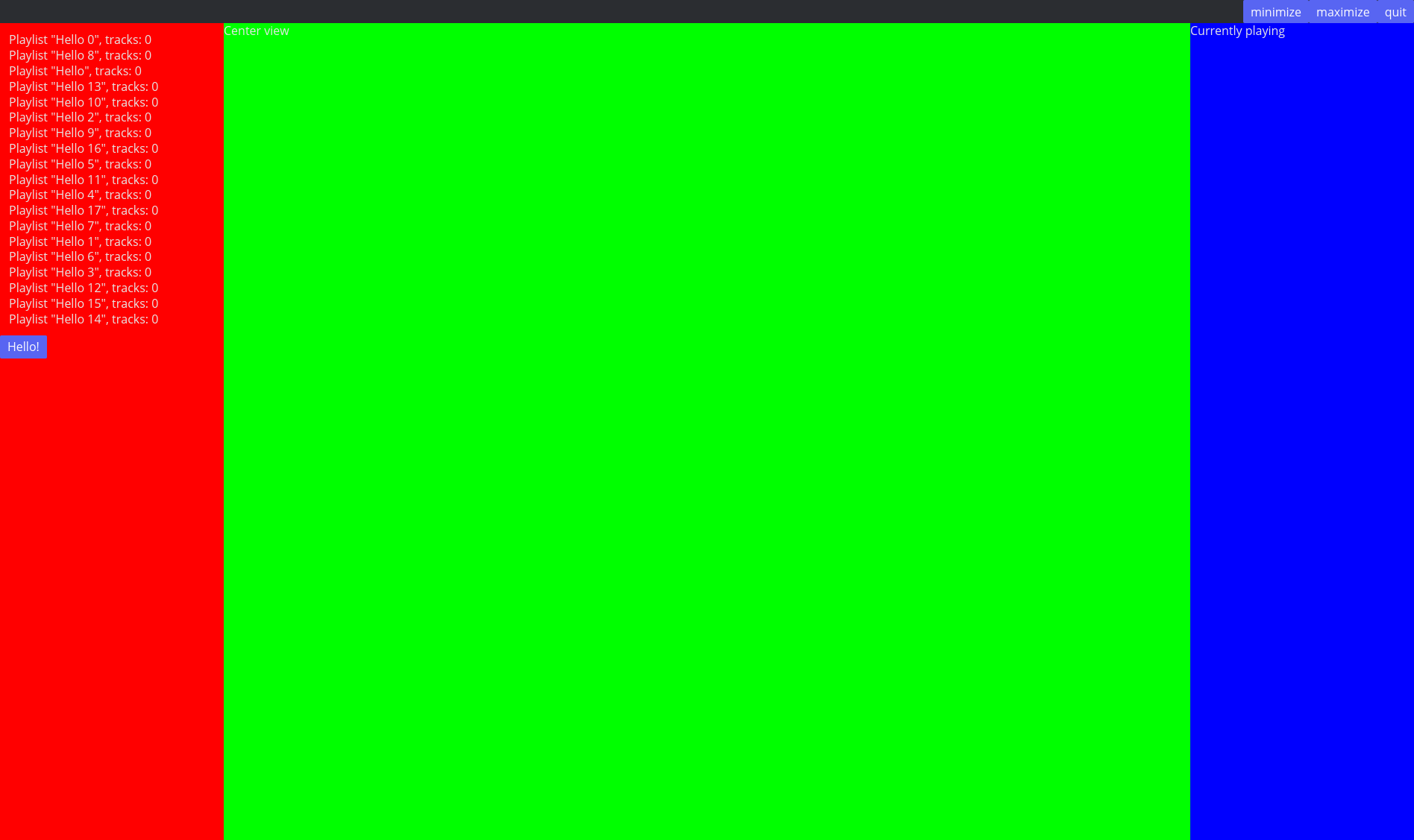 Screenshot of the prototype UI containing three columns and an action bar. The action bar contains three buttons on the right labeled as 'minimize', 'maximize' and 'close'. The left section is a playlist view with a pure red background, the center one is just a green background, and the one on the right is blue.