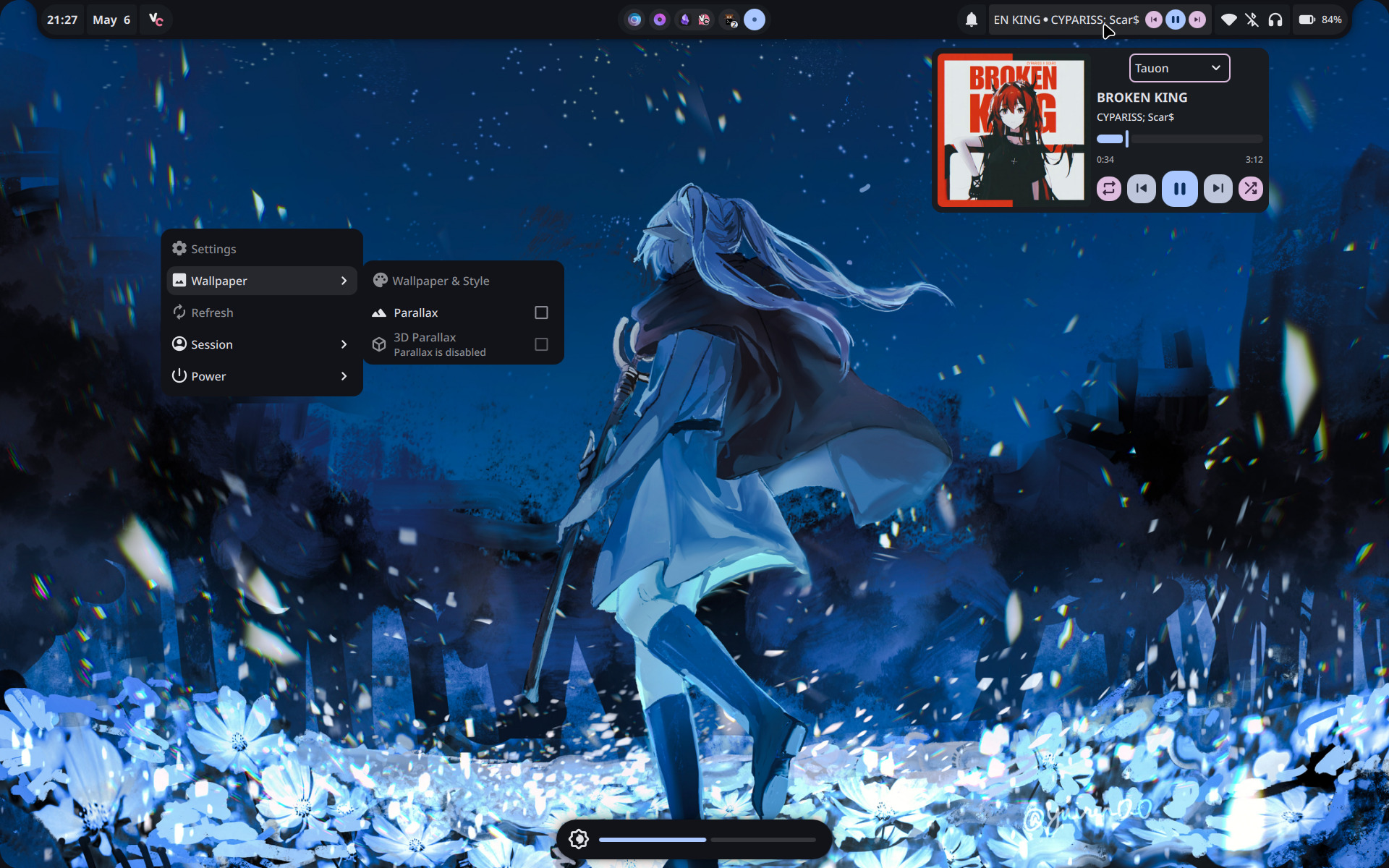 Screenshot of my desktop with the wallpaper set to a fanart of Frieren