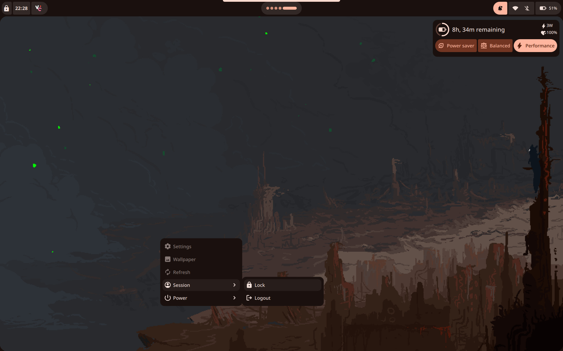 Desktop screenshot with the bar battery menu opened