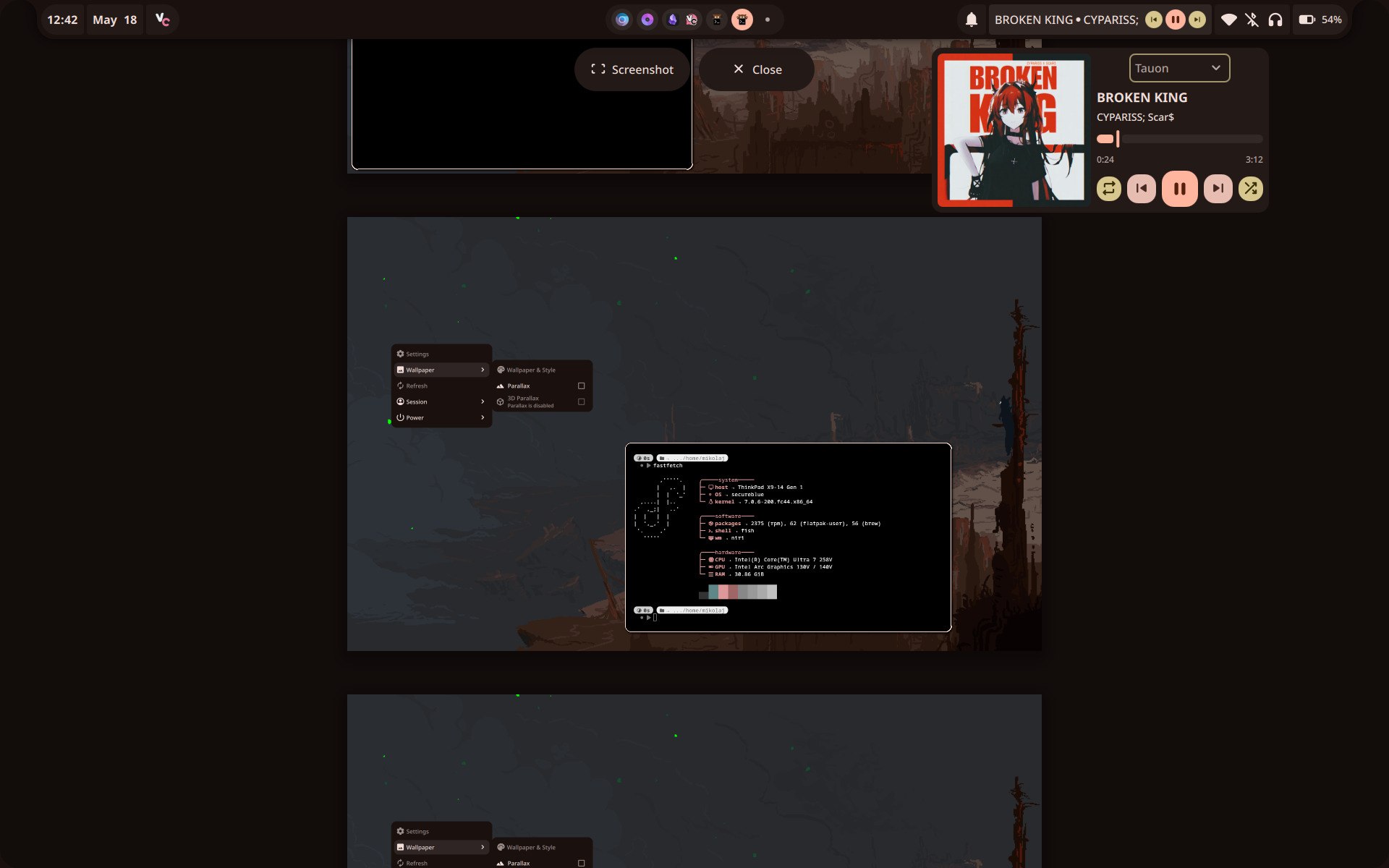 Screenshot of my desktop with the wallpaper set to art from Rain World the Watcher depicting the Outer Rim region